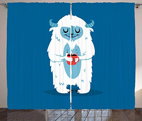 ABAKUHAUS Bigfoot Curtains, Yeti Monster Holding a Cup of Coffee in Cold Winter Graphic Image, Living Room Bedroom Window Drapes 2 Panel Set, 102 L X 110 W, Cobalt Blue White Baby Blue