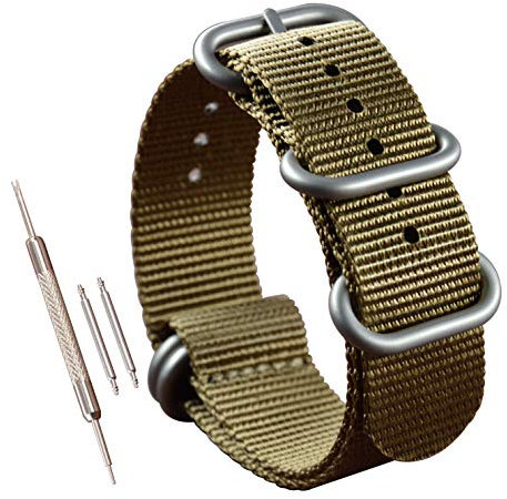 MZBUTIQ 25mm Khaki Strap Uhrenarmband Ersatz Extra Lang Herren Matte Silberne Schnalle 5 Ringe
