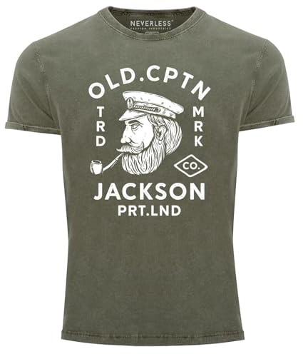 Neverless® Herren Vintage Shirt Kapitän Motiv Aufdruck Old Cptn Jackson Retro Printshirt Used Look Slim Fit Oliv XL