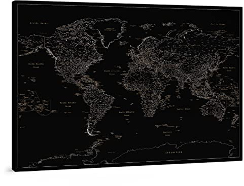 Trip map - Schwarz Pinnwand Weltkarte Bild - Physisch Karte auf Leinwand mit Pins - Pechschwarz - Kork Zum Markieren - Kunstdruck auf Echtholz Keilrahmen - 3 Größen zur Auswahl