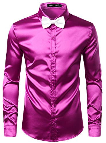 PARKLEES Herren Glänzend Slim Fit Satin Langarmhemd Frezeit Business Hemd für Party Nachtclub CL14 Lila L