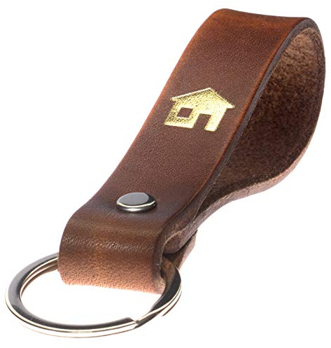 ELBERCRAFT® Schlüsselanhänger Leder HAUS Geschenk für Frauen oder Männer pflanzlich gegerbt braun mit gravur gold 12 cm made in Germany Leather Keychain
