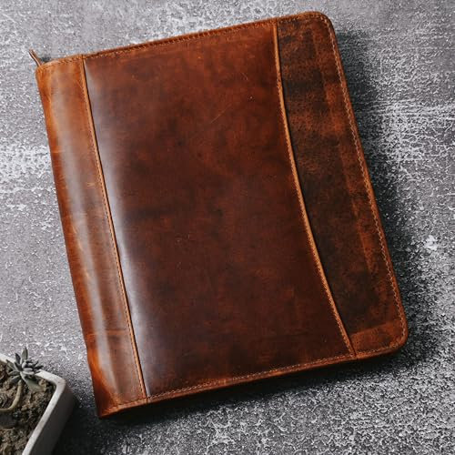 Jajmo Legacy Leather Portfolio Folder A4 Organiser with Legal Pad Writing Case and Zip Padfolio Document Folder Conference for Men (Vintage Brown)