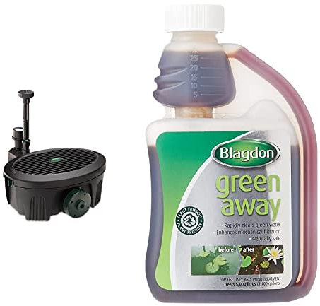 Blagdon Inpond 5-in-1 2000, 10w Pond Pump and Filter with UV Clarifier, LED Light, 3 Fountain Heads & Green Away for Ponds, Clears Green Water and Algae, Natural, Plant Friendly, Safe for Fish, 250ml