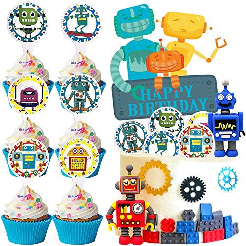 MEZHEN Roboter Tortendeko Junge Kuchendeko Roboter Figuren Happy Birthday Cake Topper Geburtstag Torte Kinder Geburtstagstorte Dekoration 27 Stücke