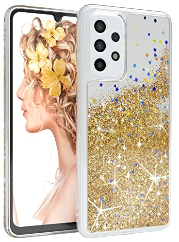 EAZY CASE Hülle kompatibel mit Samsung Galaxy A33 (5G) Schutzhülle mit Flüssig-Glitzer, Handyhülle, Schutzhülle, Back Cover mit Glitter Flüssigkeit, TPU/Silikon, Transparent/Durchsichtig, Gold