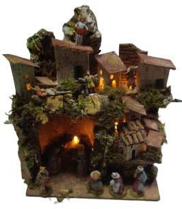 1 Mini-Krippe komplett, 20 x 14 cm, Höhe 20 cm, Geburt, 9 Pastoren, 6 cm und 4 Höhen 3,5 cm, für Krippe Santino NATIVITA' GIA