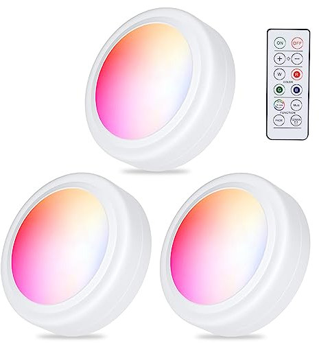 WUYOR LED Schrankbeleuchtung Unterbauleuchte Kabellos, RGB Spots Batterie Dimmbare mit Fernbedienung 16 Farben, Timer, LED vitrinenbeleuchtung mit Batterie, 3 Stück, Weiß