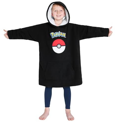Pokemon Hoodie Decke Kinder, Fleece Pikachu Pullover mit Kapuze und Sherpa Futter für Jungen und Teenager (Schwarz)