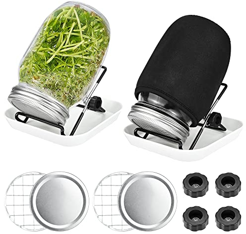 Sprouting Mason Jars, 2Pcs 1000ml Seed Sprouting Jar Kit Wide Mouth Mason Jars with Stainless Steel Strainer Lids, Sealing Lids, Large Grid Lids, Tray Stand & Shading Cloth for Sprouting Seeds Beans