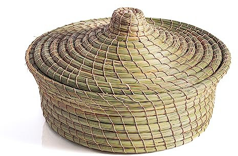 Darido Halfa Aufbewahrungskorb, 23x10cm, Handgeschnitzt Obstkorb, Organizer Küche, Aufbewahrung Badezimmer, Traditionelle runde Körbchen mit Deckel, Dekorativer Geflochtener Korb