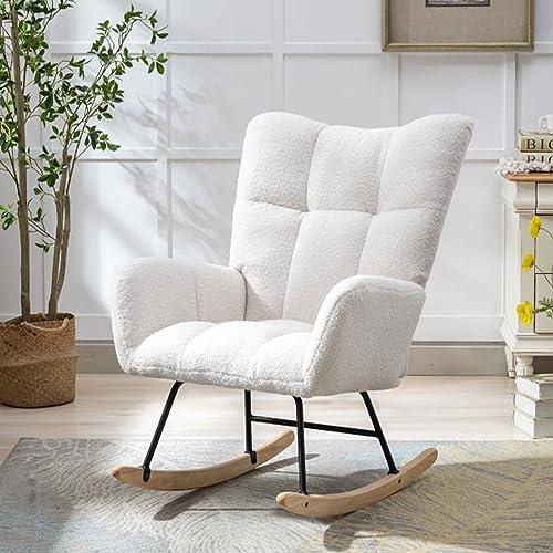 SHENJIA Wohnzimmer Schaukelstuhl Mit Armlehne, 35x 28x 37 Weiß Samtartiges Schaukelsessel Stillen Sessel Für Kinderzimmer Schlafzimmer Büros, Geliebt Von Kindertieren Schwangeren Frauen
