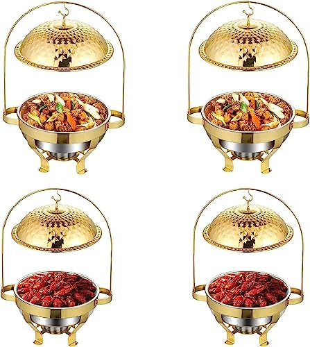 Gold Stainless Steel Chafing Dish with Hook Up, Catering Buffet Warming Container Set Includes Food Pan, Water Pan, Fuel Holder, for Party Wedding Restaurant