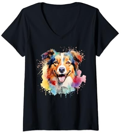 Damen Aquarell Border Collie T-Shirt mit V-Ausschnitt