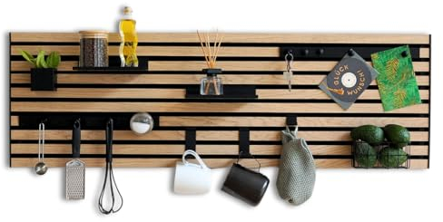 Wandorganizer (40 x 120 cm) - Akustikpaneel mit Eichenholzlamellen - inkl. Zubehör - einfache Montage - für Büro, Flur, Küche, Bad und mehr
