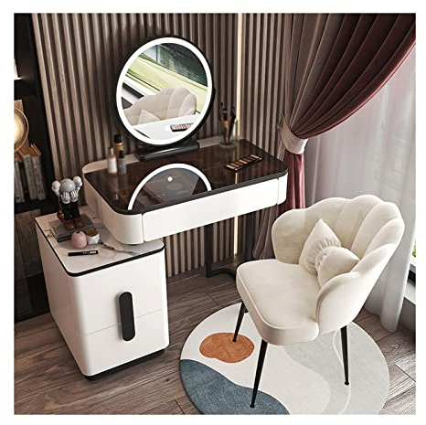 Juego de tocador de cristal, tocador, maquillaje, moderno, simple, avanzado, de madera, tocador, dormitorio, tocador, espejo inteligente, taburete de maquillaje, tocador, escritorio para mujeres/niña