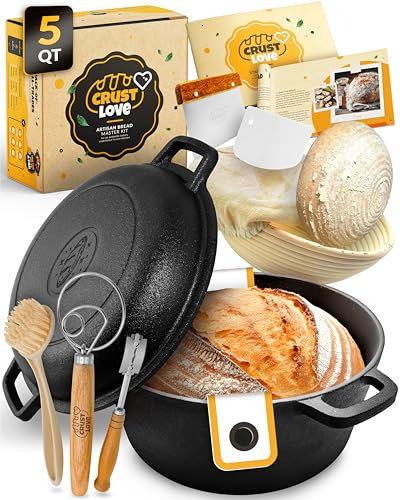 FOXCUP Dutch Oven aus Gusseisen, inklusive Brotbackzubehör, 5 Qt, rund, mit Deckel aus Gusseisen, ofengeeignet