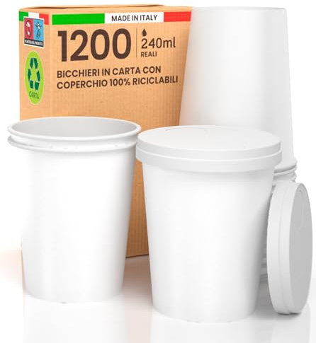 1200 Bicchieri Caffè ASPORTO in Carta Bianchi 240ml + 1200 COPERCHI in Carta Bevande Calde e Fredde Tè Infusi Acqua Cappuccino Ecologici Biodegradabili Tazze Monouso Made in Italy
