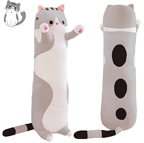 Sausudols Lange Katze Kuscheltier Stofftiere Plüsch Katzen Spielzeug Kuschelkissen Geschenke für Kinder Freundin Grau 110CM