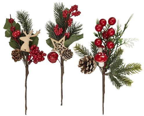 Ideen mit Herz Deko-Tannenzweige | künstliche Tannenzweige mit Beeren | Winter-Deko | Weihnachts-Dekoration | Tischdeko | Floristik | Gesteck | 3 Stück