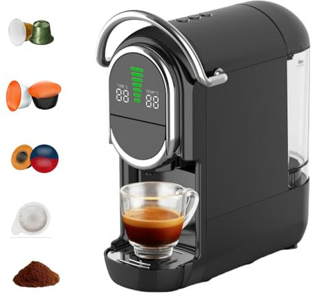 Magician1 Mini 5-in-1 Kaffee Kapselmaschine für Nes* OL, Dolce Gusto, A Modo Mio Kapseln, ESE 44mm pads und Gemahlener Kaffee, 20 bars, 1450W, LED-Display, Wasser einstellbar 7 Stufen, Kaffeemaschine