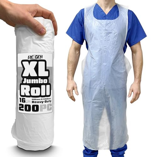 RE-GEN 200pc XL Jumbo Roll Long Length Heavy-Duty 16 Micron Disposable Aprons | 68cm x 135cm | Premium Quality, Kitchen, Catering, Medical Healthcare, Workplace Cleaning PPE | One Size | White