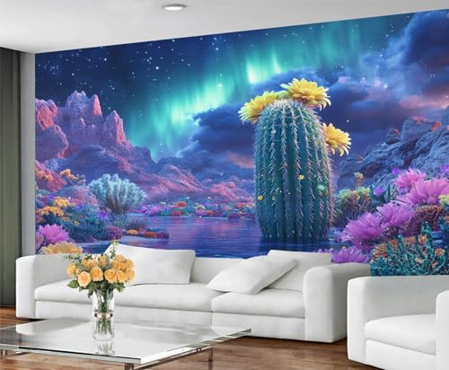 GIVLWF Tapete Fantasy Home Decor & Wandbild Nordlichter Schlafzimmer Tapete Kaktus Tapete für Wohnzimmer Großes Wandbild - Nicht Selbstklebend