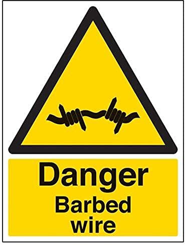 V Safety Danger Barbed Wire Warning Sign - 300mm x 400mm - 2mm Rigid Plastic