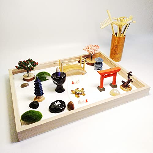 ZEN&TAO Japanese Mini Zen Garden, Super Size (38x28CM) Hard Wood (Paulownia) Tray, 15 Features, Full Set Tools, Bamboo Holder, Oriental Painting Box, for Meditation, Relaxing and Gift (Jumbo Size)