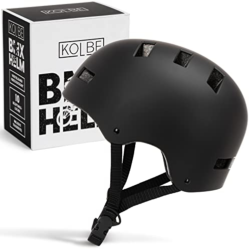 KOLBE ® BMX Helm - Skaterhelm für Damen, Herren und Unisex-Kinder mit verstellbarem Verschlussgurt - Skateboard Helm mit Belüftungslöchern - Schwarz, L (58-62cm)