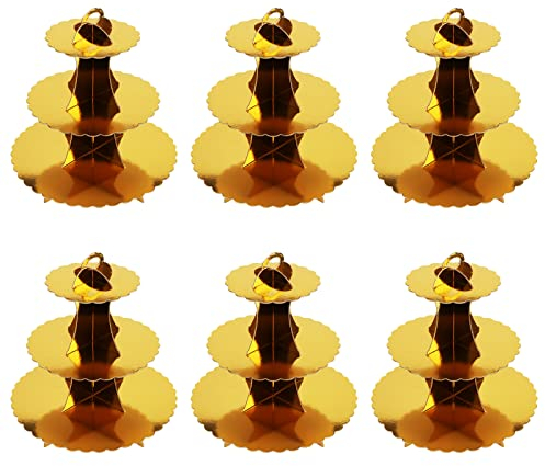ZOENHOU 6 Packs Gold Cardboard Cupcake Stands, Round 3 Tier Cupcake Holder Stand Dessert Tower, Cupcake Display Tower Cupcake Serving Stand for Afternoon Tea, Birthdays, Party