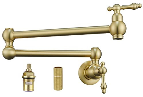 VAKITAP Brushed Gold Pot Filler, Brass Pot Filler Faucet Wall Mount, Potfiller, Traditional Pot Filler Over Stove with Double Joint Swing Arms, 3005-BG