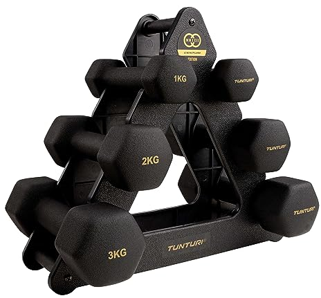 Tunturi Centuri 6er Set Kurzhanteln mit Rack, Hantelset mit je 2 x 1 kg, 2 kg, 3 kg, Kurzhantelset, Hanteln aus Gusseisen