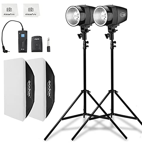 Godox Professionelles Studioblitz Set, Godox Studio Blitzlicht für Fotografie, 2x180W 5600K Blitzkopf Kit mit Stroboskop Auslöser, Lichtständer, Softboxen, 220V Studio Monolight Strobe Flash Set