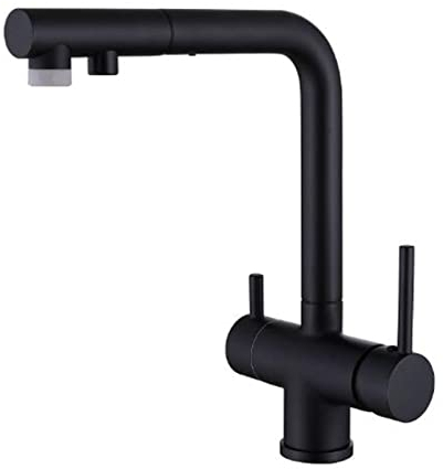 3 Wege Wasserhahn Küche Ausziehbar mit Brause, Küchenarmatur Messing Drehbar Wasser Kalt und Heiß Multifunktion Trinkwasserhahn Küche-Schwarz