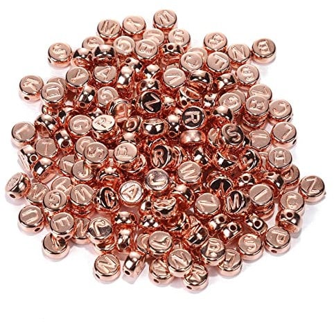 200pcs Rose Gold Plated Acrylic Flat Round Alphabet Letter Beads 7mm Pony Disc Coin A-Z Letter Pattern Loose Spacer Beads for DIY Jewelry Bracelet Making