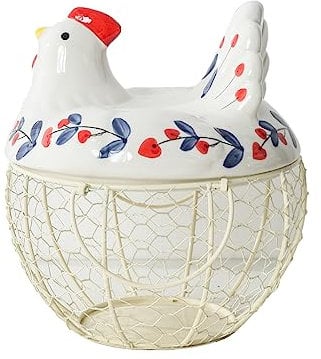 oskas Chicken Egg Holder, Fresh Egg Storage Basket Countertop,Decorative Ceramic Lid with Wire Basket,Holds 2 Dozen Egg, White3