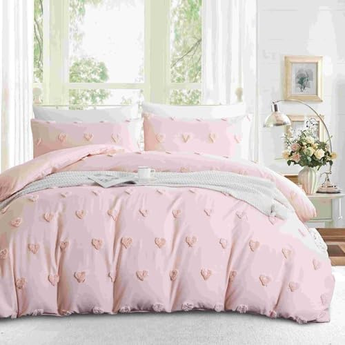 Freyamy Boho Bettwäsche 200x220cm Rosa Getuftet Herz Bettwäsche-Sets Stickerei Shabby Chic Bettwaren-Sets Microfaser Mädchen Deckenbezug 1 Bettbezug mit Reißverschluss und 2 Kissenbezug 80x80cm