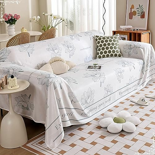 Mesnt Couch Überzug 1 Sitzer, Chenille Couchschutz für Haustiere mit Blumen und englischer Satz mit Aufdruck Everything goes Well Lichtgrau, 180x180CM