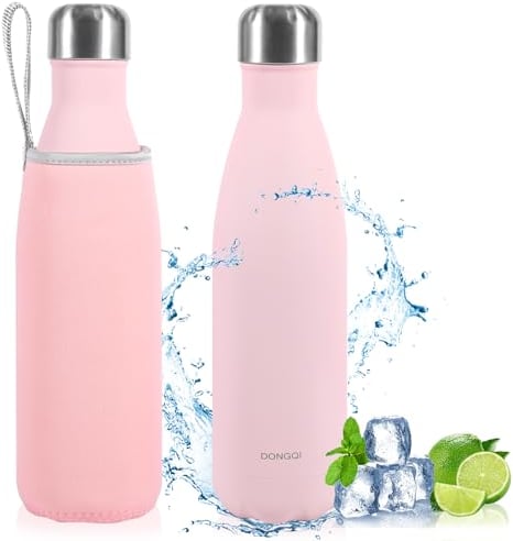 Gourde Isotherme 500ml, Gourde Isotherme Réutilisable en Acier INOX,Gourde isotherme étanche sans BPA, Double Paroi Isolée sous Vide, Maintien Chaud de 12 Heures & du Froid Jusqu’à 24 Heures (Rose)