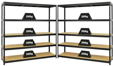 PROREGAL Mega Deal 2er-Set Schwerlastregal Giant Elephant 180x180x45cm mit 5 Ebenen Fachlast 200kg Schwarz, Kellerregal, Steckregal, Garagenregal, Lagerregal