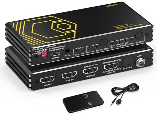 Commutateur HDMI 2.1 8K @ 60 Hz 4K @ 120 Hz 2 en 1 avec extracteur audio eARC, ARC, 7.1Ch, SPDIF 5.1Ch, 48 Gbit/s, HDCP2.3 Bypass, VRR, IR, 3D, HDR 10, Dolby Atmos, compatible avec TV QLED, PS5, Xbox,