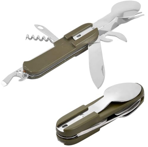 Dokeno Vaisselle Pliante en Acier Inoxydable 2 Pièces, Couvert Camping Multifonction 8 en 1 Amovible Vaisselle de Camping pour la Randonnée en Plein Air Pique-Nique Voyage