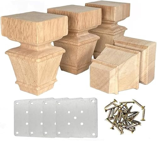 Set of 4 Wooden Furniture Legs 6inches with Mounting Plates Screws Wood Unpainted European Style Replacement Furniture Feet for Couch Cabinet Sofa Ottoman TV Stand Home DIY Projects (8cm（3.15inch）)