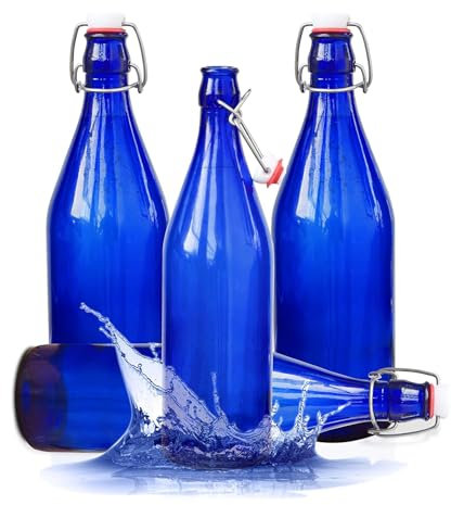 KWARE 6PCS 1L Glass Bottles with Swing Top Brewing Bottles Airtight Preserve Bottles for Home Brewing Oil Vinegar Beer Wine Cider Soda 1000ML/35oz (BLUE, 1000ML)