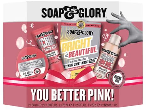 Soap and Glory You Better Pink! Mini-Geschenkset | Luxuriöse Körperpflege mit Duschgel, Butter & Peeling + strahlende Blattmaske | Perfekte Geburtstagsgeschenke für Hautpflege-Liebhaber | 4 Stück