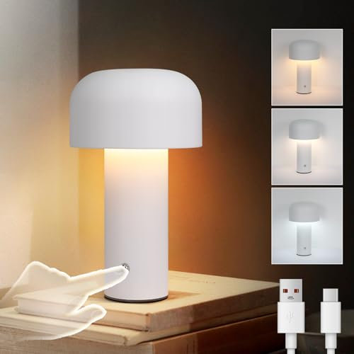 ZMH Tischlampe Kabellos Akku Tischleuchte - LED Nachttischlampe Aufladbar 2W Pilzlampe Dimmbar Wohnzimmer Nachtlampe USB Klein Nachtleuchte Modern Weiß für Schreibtisch Nachttisch Schlafzimmer