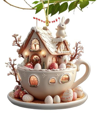 Kaffeetassenhaus-Osterei Zum Aufhängen, Osterei-Dekorationen Zum Aufhängen, Ornamente Für Baumschmuck, Kaffeetassenhaus-Osterei-Hängedekoration, 2D-Acryl-Osterdekor Zum Aufhängen, Hängende Dekoration