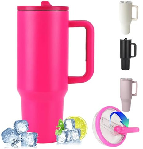 ZHUIYIWIN Taza Termo Cafe Para Llevar, Vasos Termicos Cafe Para Llevar con Asa,Taza con Pajita Y Asa, Vaso Termico Sin BPA, Travel Mug de Acero Inoxidable Reusable (Rojo, 40oz)
