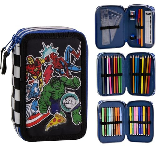 CERDÁ LIFE'S LITTLE MOMENTS Federmäppchen mit Zubehör von Giotto Avengers, mit Filzstiften, Bleistiften und Kugelschreibern, Dreifach-Schulmäppchen